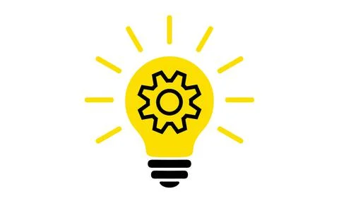 Yellow light bulb, flat icon. Lighting electric lamp with cogwheel (gear) Stock Illustration