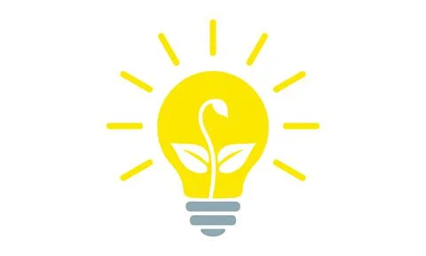 Yellow light bulb, flat icon. Electric lamp with rays and sprout growing insi Stock Illustration