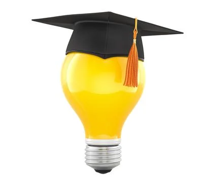Yellow light bulb with graduation cap. Education, knowledge, smart idea con.. Illustrazione stock