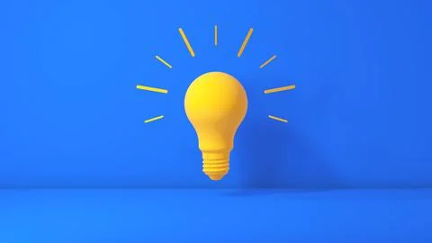 Yellow Light Bulb Idea on a Blue Studio Background. Business concept. 3D render. Stock Illustration