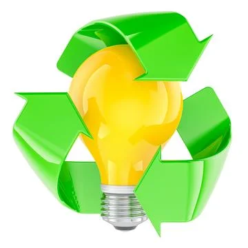 Yellow light bulb inside recycling arrows. Idea recycling, eco innovation a.. Stock Illustration