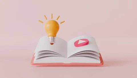 Yellow light bulb with open book, play button with idea tip education Stock Illustration