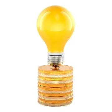 Yellow light bulb standing on a stack of gold coins, innovation and investm.. Stock Illustration