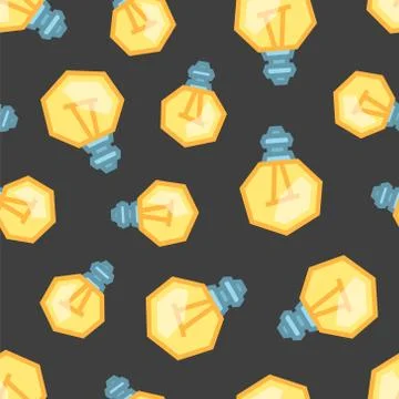 Yellow Light Bulbs seamless pattern. Color objects on dark background Stock Illustration