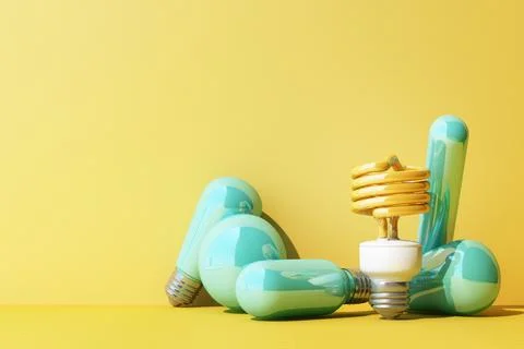 Yellow light fluorescent bulb LED on yellow wall background surrounded by blu Stock Illustration