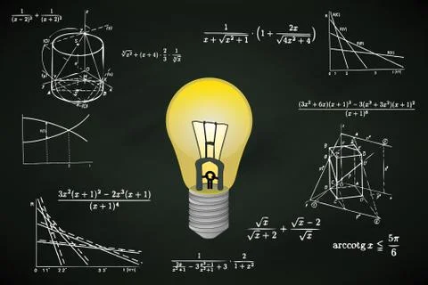 Yellow lightbulb on blackboard with math calculations vector illustration Stock Illustration