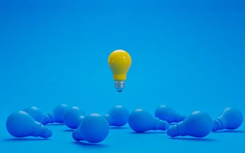 Yellow lightbulb floating from blue lightbulb on floor for creative thinkin.. Stock-Illustration
