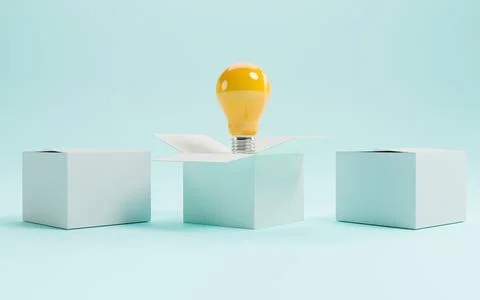 Yellow lightbulb inside of open white box between two close boxes on blue b.. Stock Photos