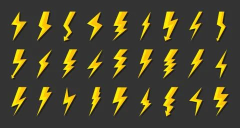 Yellow lightning bolt icon flash power vector set Illustrazione stock