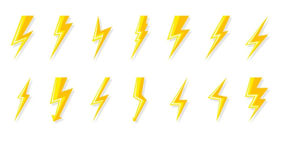 Yellow lightning bolt icon flash power vector set Illustrazione stock