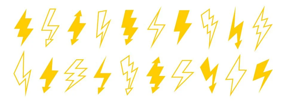 Yellow lightning bolt set. Solid and outline thunder bolt symbol collection Stock Illustration