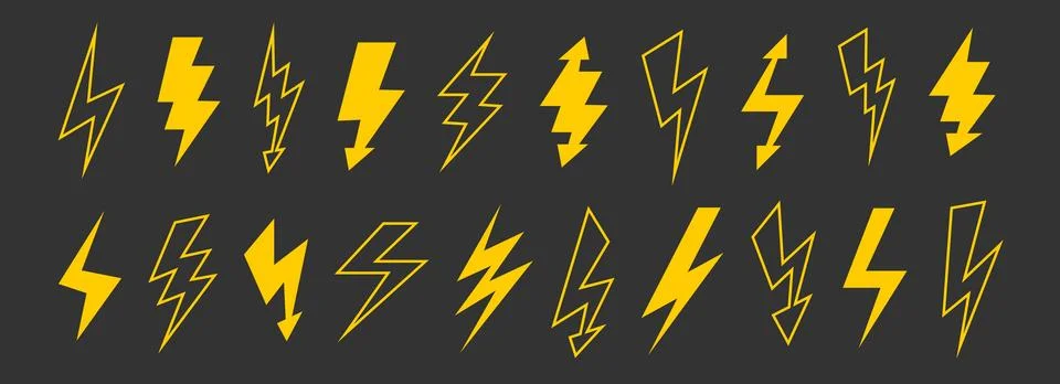 Yellow lightning bolt set. Solid and outline thunder bolt symbol collection Stock Illustration