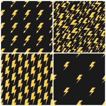 Yellow lightnings black vector seamless patterns set Illustrazione stock