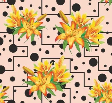 Yellow lilium flowers pattern with geometric shapes. Black rounds and lines. Illustrazione stock