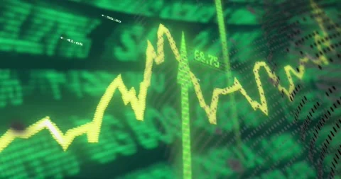 Yellow line chart shifting on green finance screen, ticker scrolling causing Stock Footage 331125589