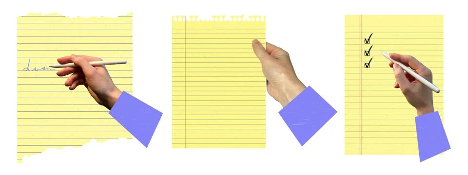 Yellow lined notebook paper set with halftone hands writing, holding, and c.. Illustrazione stock
