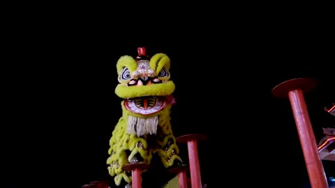 Yellow lion dance performance on Chinese new Year eve Stock Footage 221849252