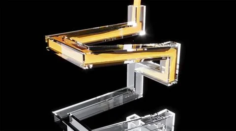 Yellow liquid flow inside rectangle glass tube super slow motion 3d render... Foto stock