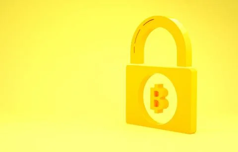 Yellow Lock with bitcoin icon isolated on yellow background. Cryptocurrency m 스톡 일러스트