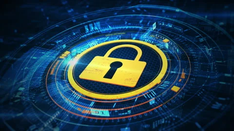 The yellow lock icon on a high-tech, blue digital interface represents Stock Footage 289800843