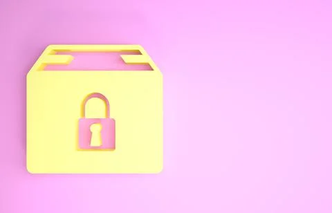 Yellow Locked package icon isolated on pink background. Lock and cardboard bo Illustrazione stock