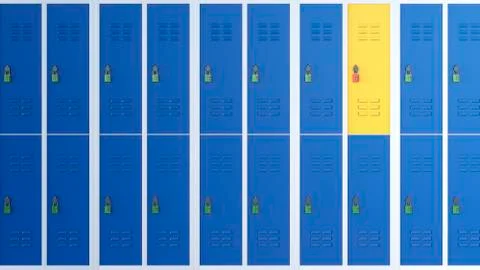 Yellow locker between rows of blue lockers, 3D Rendering Stock Illustration