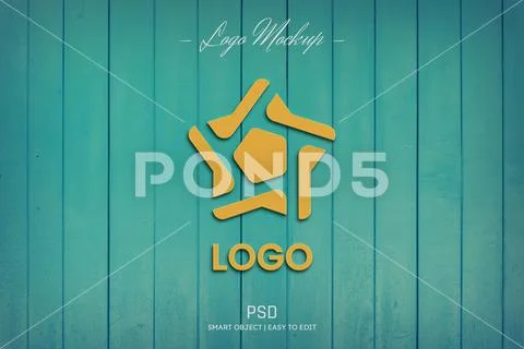 Yellow Logo mockup template on wooden background PSD Template