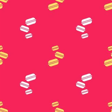 Yellow Macaron cookie icon isolated seamless pattern on red background. Macaroon 스톡 일러스트
