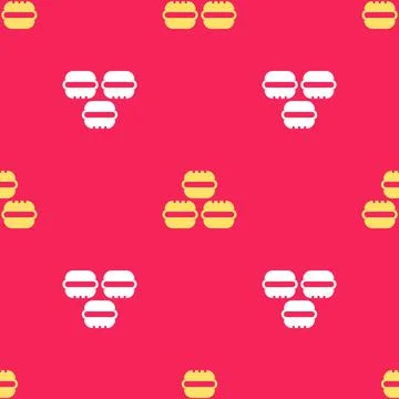 Yellow Macaron cookie icon isolated seamless pattern on red background. Macaroon 스톡 일러스트