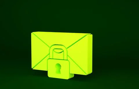 Yellow Mail message lock password icon isolated on green background. Envelope 스톡 일러스트