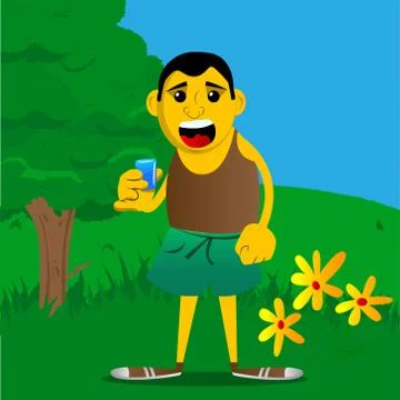 Yellow man drinking brandy. Vector cartoon illustration. Illustrazione stock