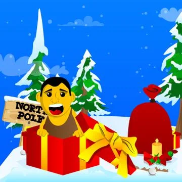 Yellow man in a gift box. Vector cartoon illustration. 스톡 일러스트