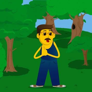 Yellow man with praying hands. Vector cartoon illustration. Stock Illustration