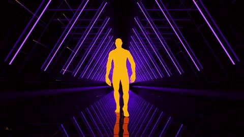 Yellow man walking in purple space Stock Footage 234243701