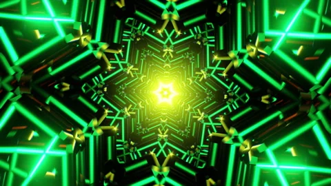 Yellow mandala kaleidoscope VJ loop with neon green geometric glow and motion Stock Footage 329681184
