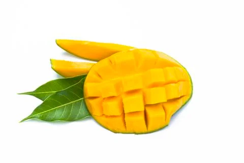 Yellow mango slice cut to cube with leaf isolated on white Stock Photos