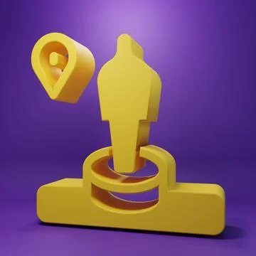 Yellow Map pin and monument icon isolated on purple background. Navigation,.. Illustrazione stock