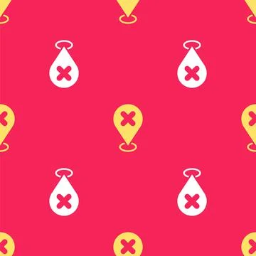 Yellow Map pin with cross mark icon isolated seamless pattern on red background Stock Illustration