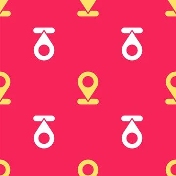 Yellow Map pin icon isolated seamless pattern on red background. Navigation Illustrazione stock