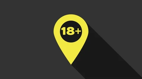 Yellow Map pointer with 18 plus icon isolated on grey background. Age Stock Footage 147695924