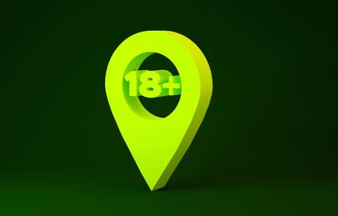 Yellow Map pointer with 18 plus icon isolated on green background. Age restri Stock Illustration