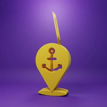 Yellow Map pointer with anchor icon isolated on purple background. Minimali.. Foto stock