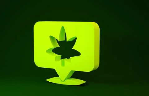 Yellow Map pointer and marijuana or cannabis leaf icon isolated on green back Stock Illustration