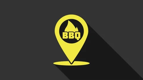 Yellow Map pointer with barbecue icon isolated on grey background. Fire flame Video stock 147695579