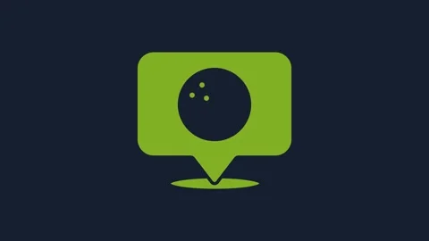 Yellow Map pointer with bowling ball icon isolated on blue background. Sport Video stock 232241563