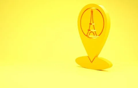 Yellow Map pointer with Eiffel tower icon isolated on yellow background. Fran イラスト素材
