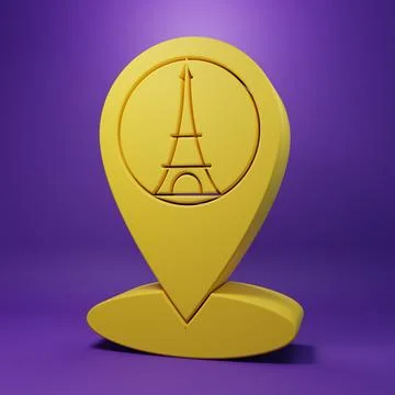 Yellow Map pointer with Eiffel tower icon isolated on purple background. Fr.. Stock Illustration