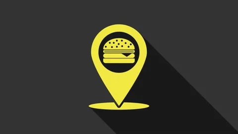 Yellow Map pointer with fast food burger icon isolated on grey background. 4K Stock Footage 147695857