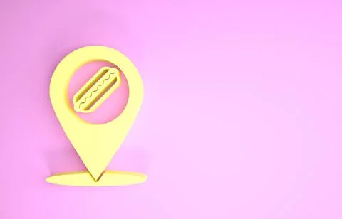 Yellow Map pointer with fast food hotdog icon isolated on pink background. Sa Illustrazione stock