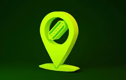 Yellow Map pointer with fast food hotdog icon isolated on green background. S Stock Illustration